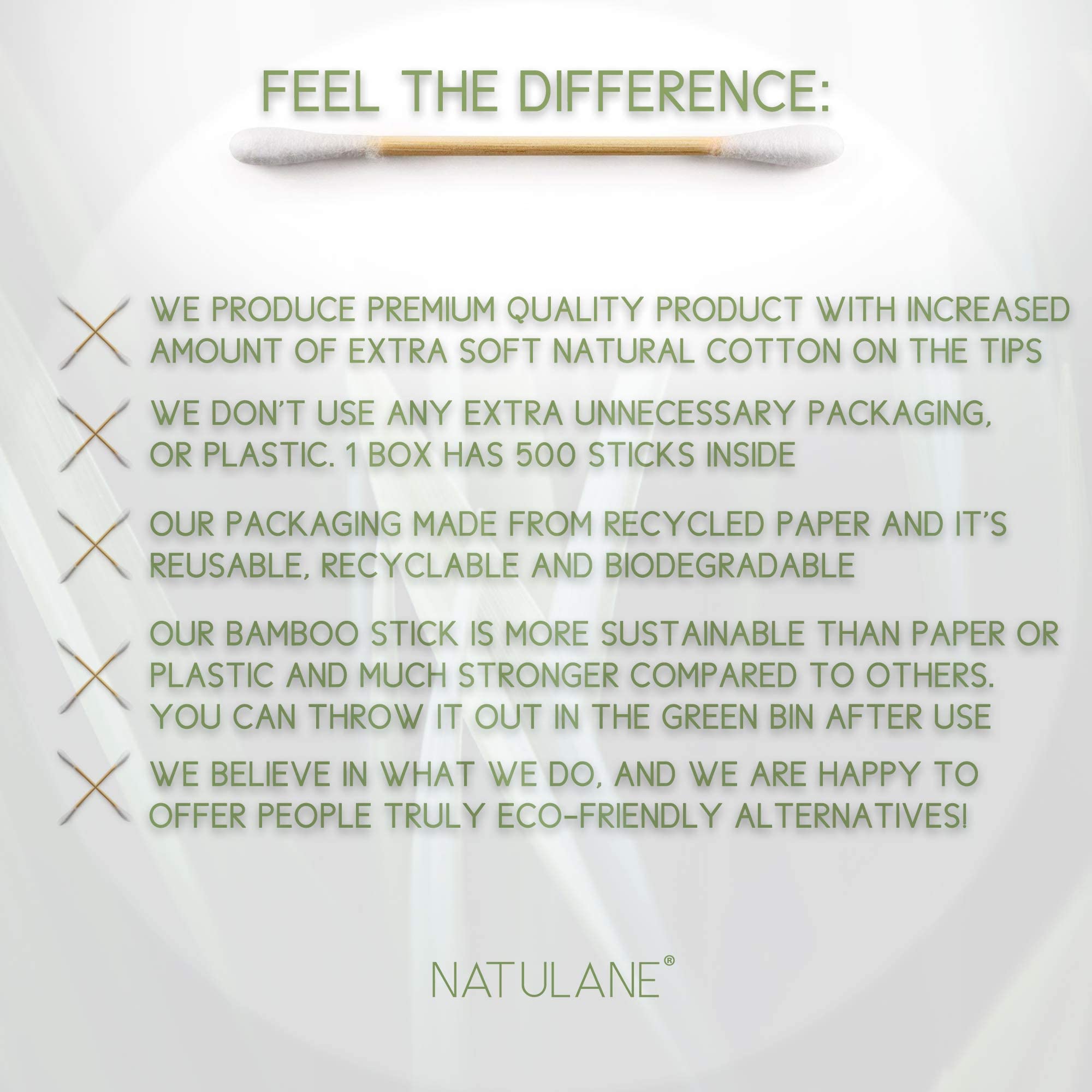NATULANE cotton swabs bamboo wood detail emphasizing natural materials.