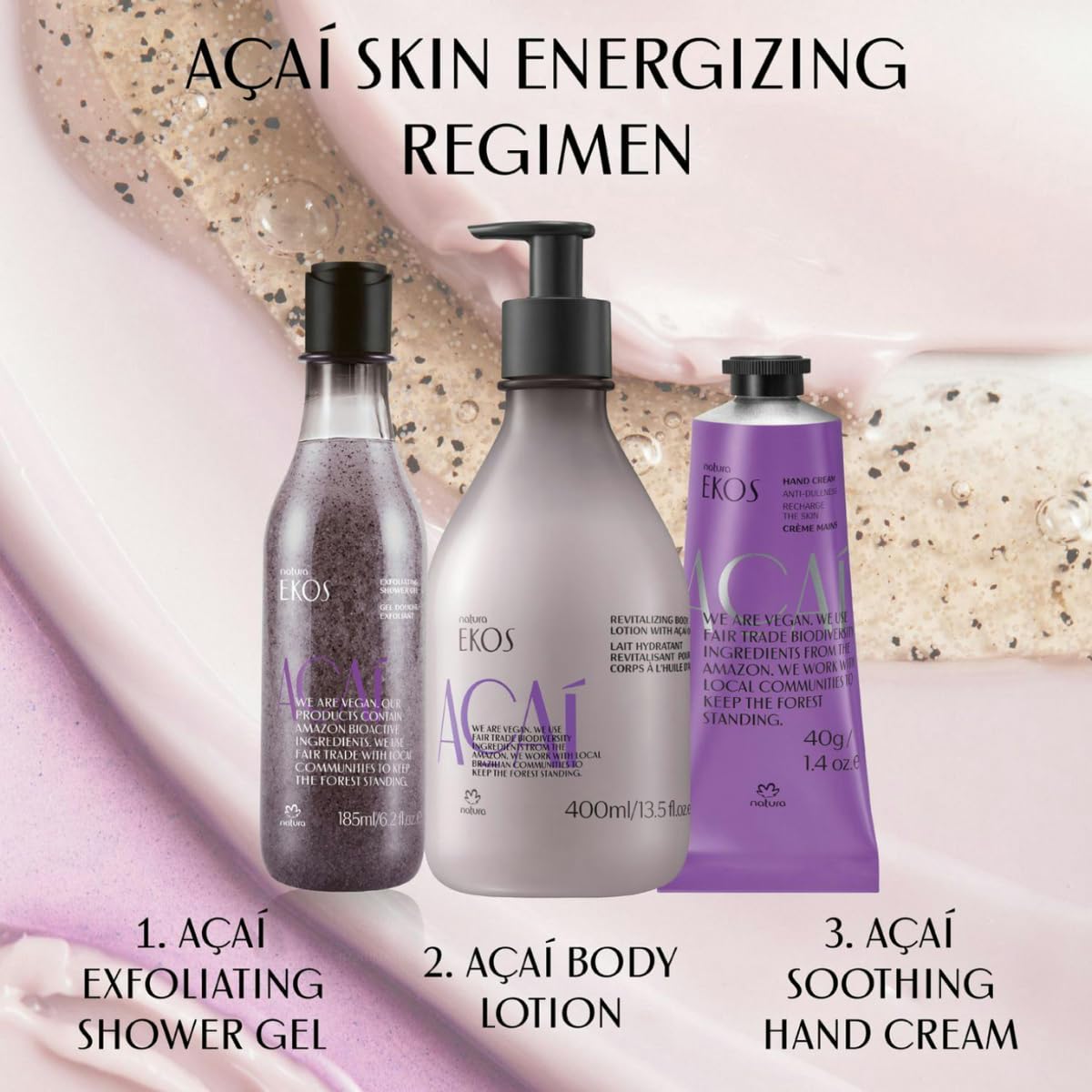 Natura acai body lotion fruity floral scent illustration, sensory experience.