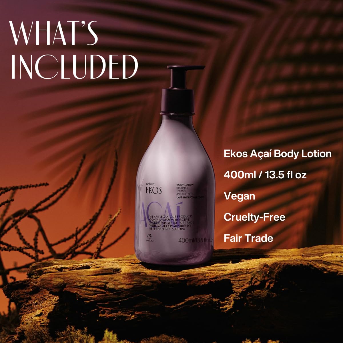 Natura acai body lotion pump closeup, showcasing quick absorbing texture.