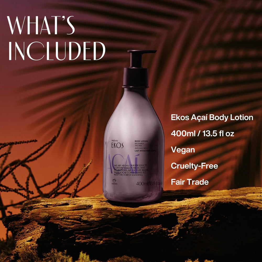 Natura acai body lotion pump closeup, showcasing quick absorbing texture.