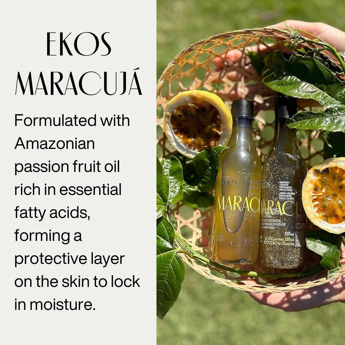 Sustainably sourced Amazonian Maracujá oil label on Natura bottle.