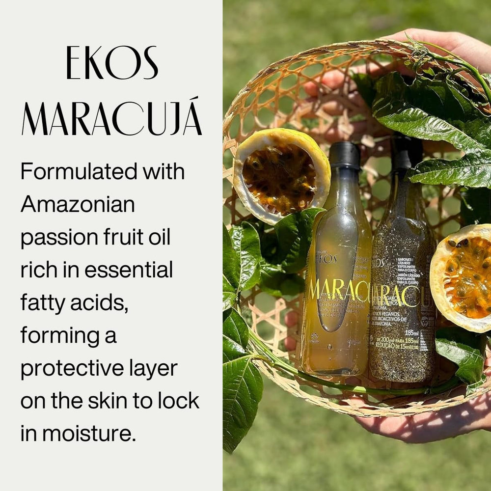 Sustainably sourced Amazonian Maracujá oil label on Natura bottle.