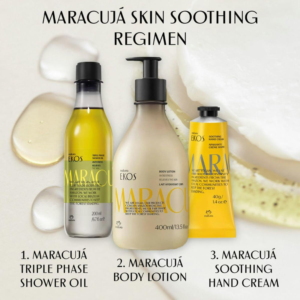 Natura Ekos Passion Fruit Relieving Body Lotion applied to skin reveals hydration and calming effect.
