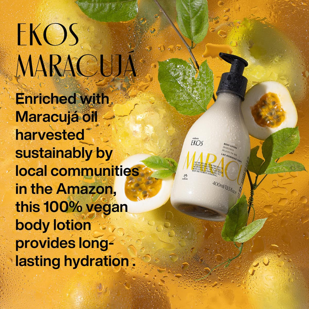 Natura Ekos Passion Fruit Relieving Body Lotion packaging on shelf signals vegan formula.