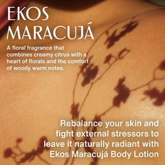 Natura Ekos Passion Fruit Relieving Body Lotion pour-shot suggests lightweight, non-greasy feel.