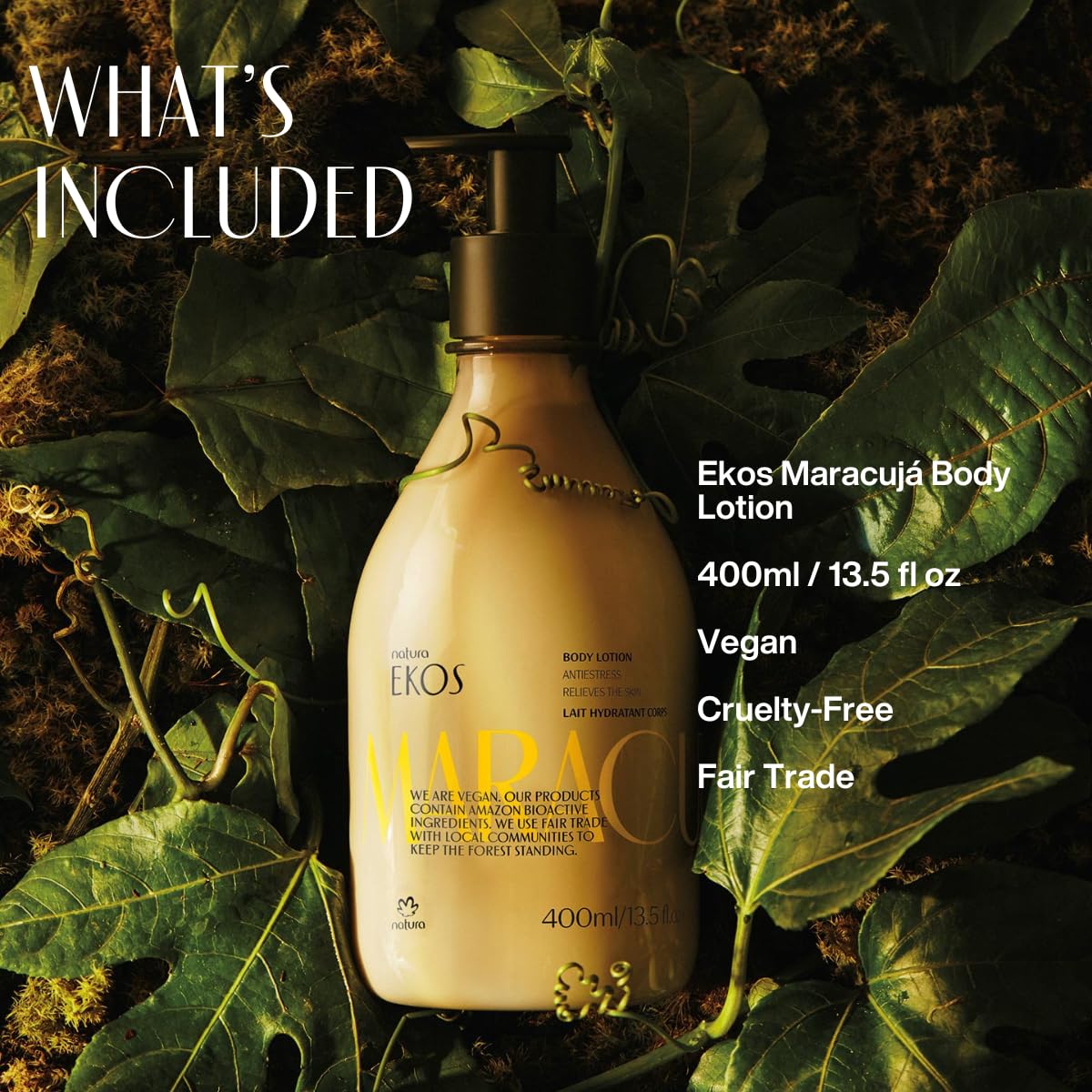 Natura Ekos Passion Fruit Relieving Body Lotion texture close-up shows creamy smooth finish.