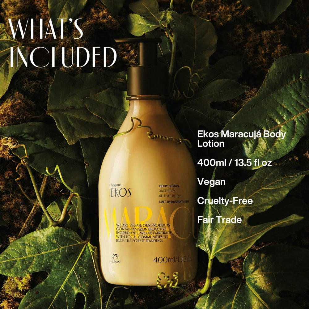 Natura Ekos Passion Fruit Relieving Body Lotion texture close-up shows creamy smooth finish.