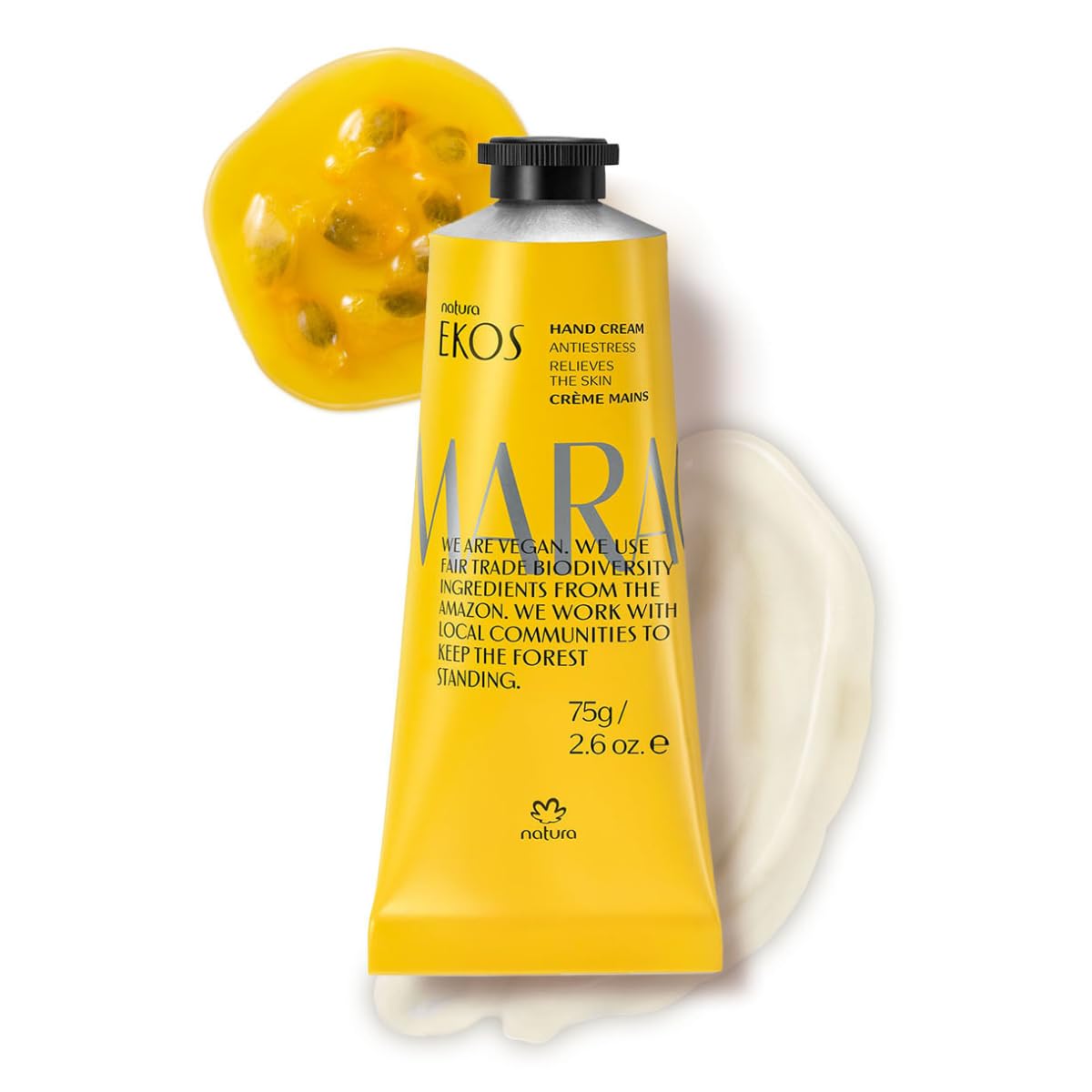 Natura Passion Fruit Hand Cream packaging highlights vegan formula for daily hydrating care.