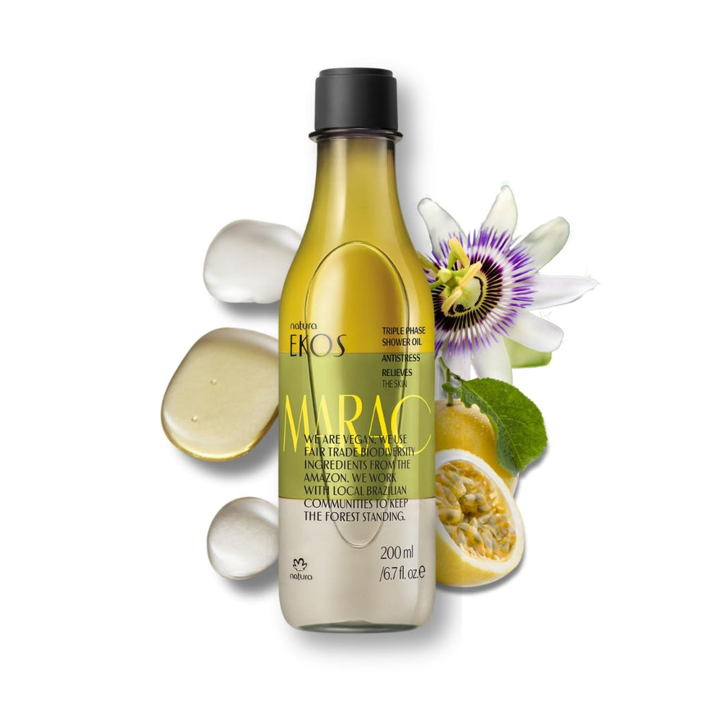 Natura Passion Fruit Triple Phase Oil bottle being shaken for even texture and hydration.