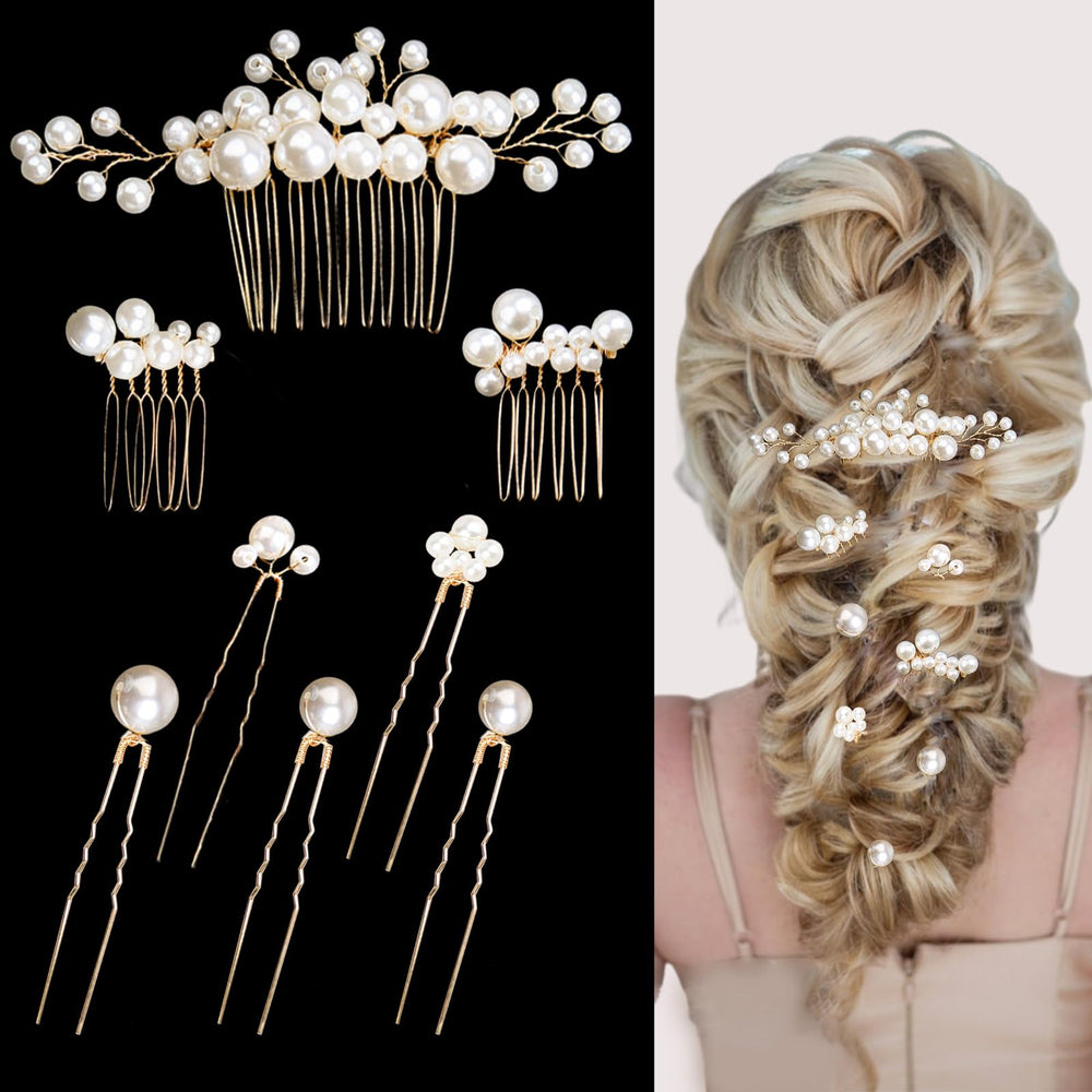 Naturahand pearl hair comb set showcases elegant design for secure bridal styling.