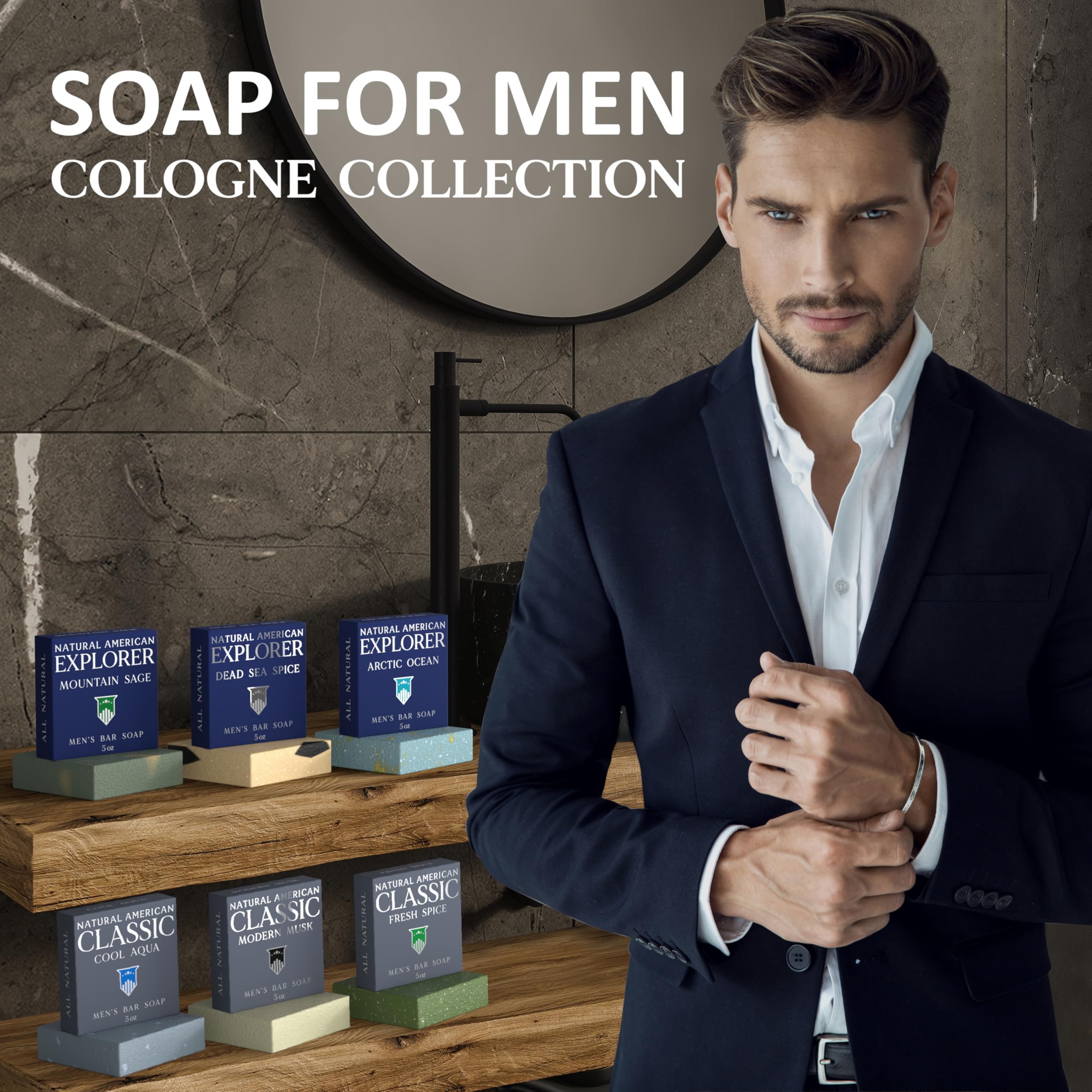 NATURAL AMERICAN men’s bar soap ingredients: nourishing organic shea butter and essential oils.