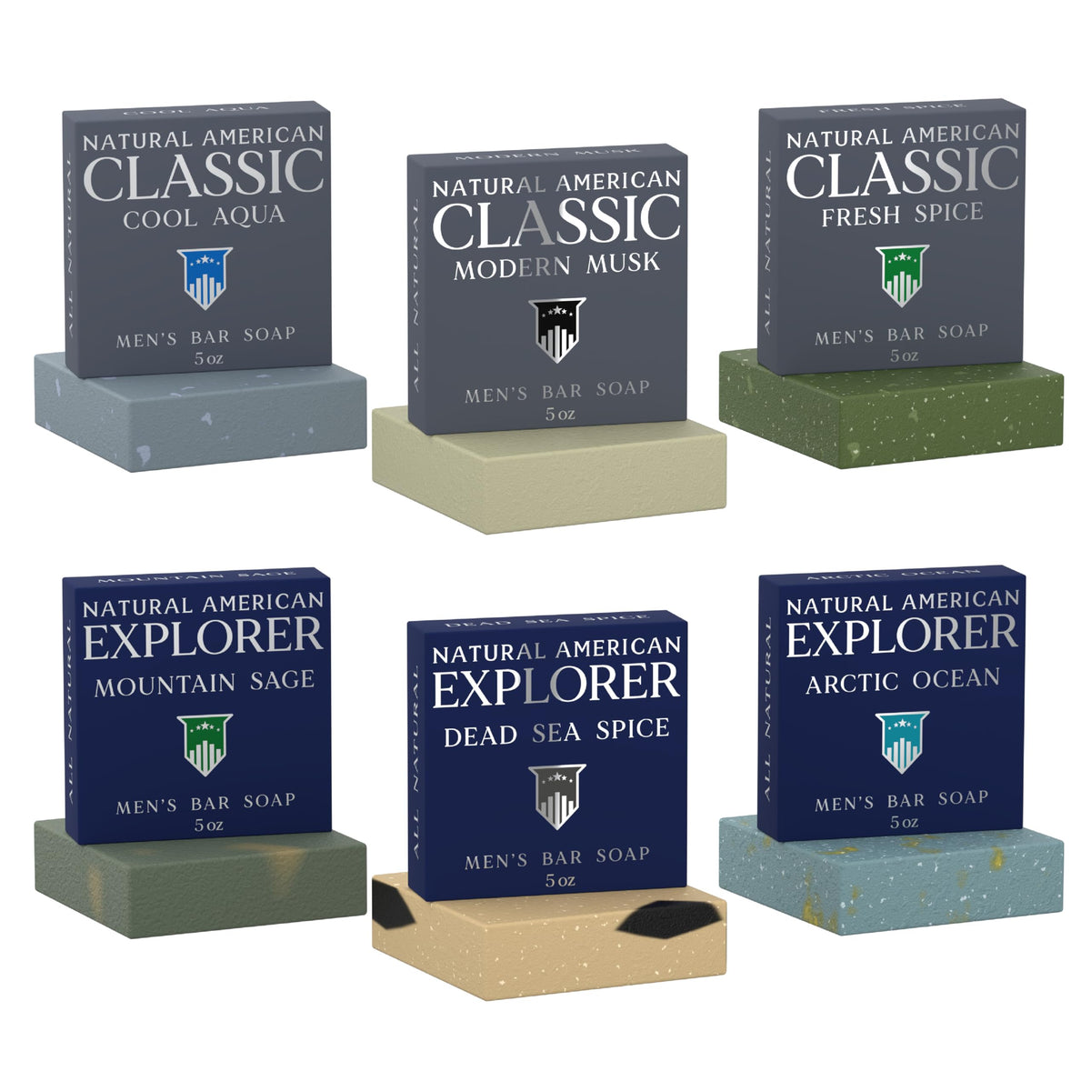 NATURAL AMERICAN men’s bar soap set of six bars for daily cleansing and natural scent.