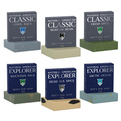 NATURAL AMERICAN men’s bar soap set of six bars for daily cleansing and natural scent.