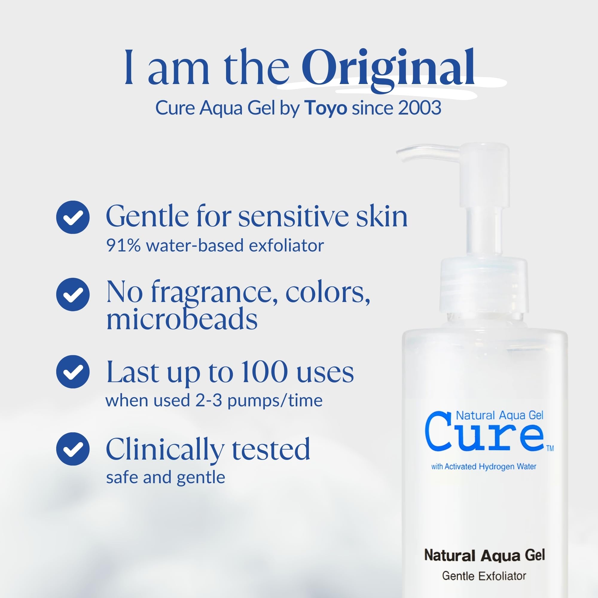 Natural Aqua Gel Cure by Toyo big-size bottle viewed for long-lasting exfoliation.