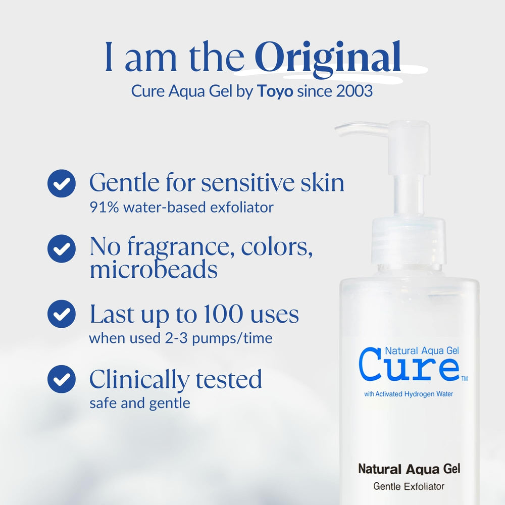 Natural Aqua Gel Cure by Toyo big-size bottle viewed for long-lasting exfoliation.