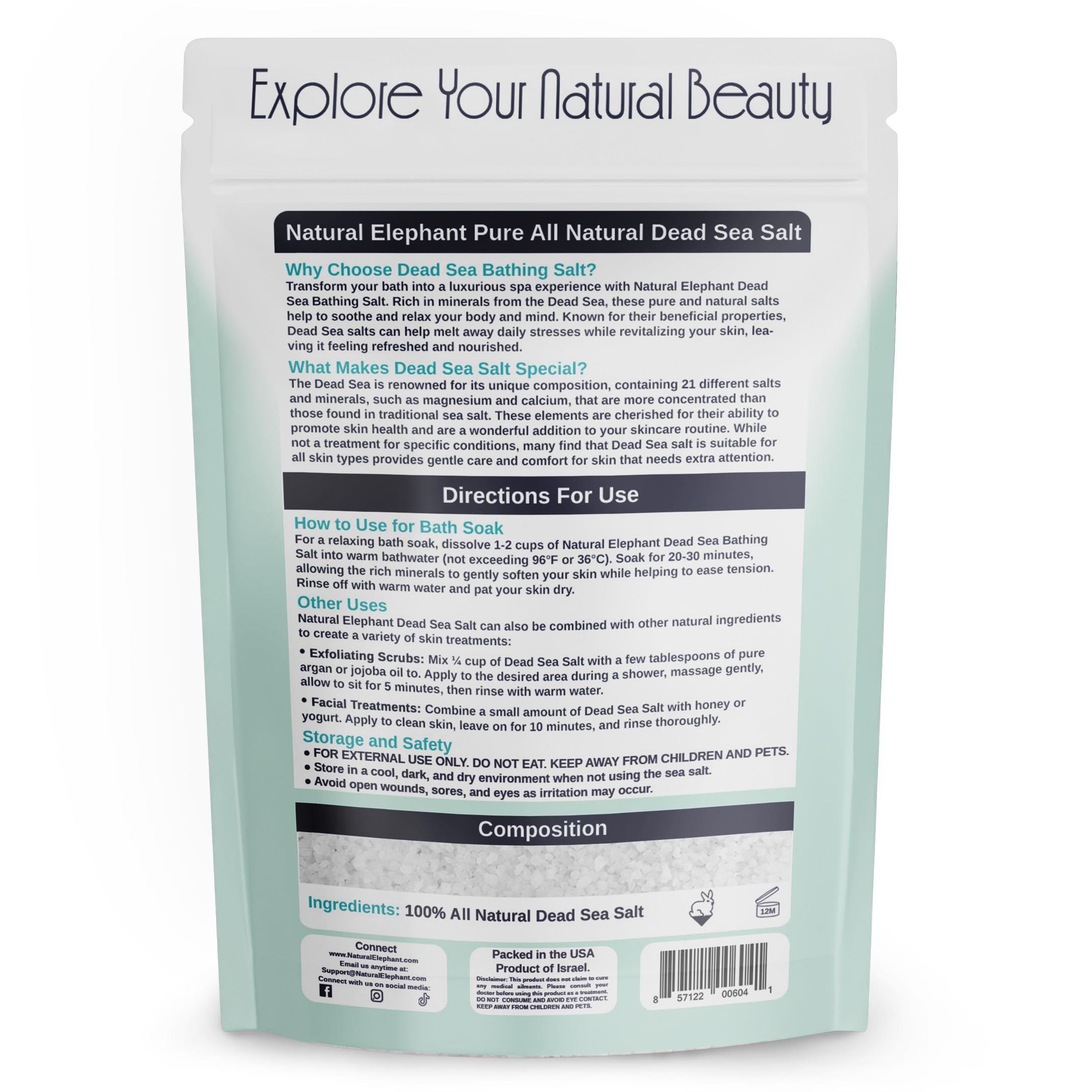 Natural Elephant Dead Sea Bath Salt coarse-grain close-up for exfoliation and hydration.