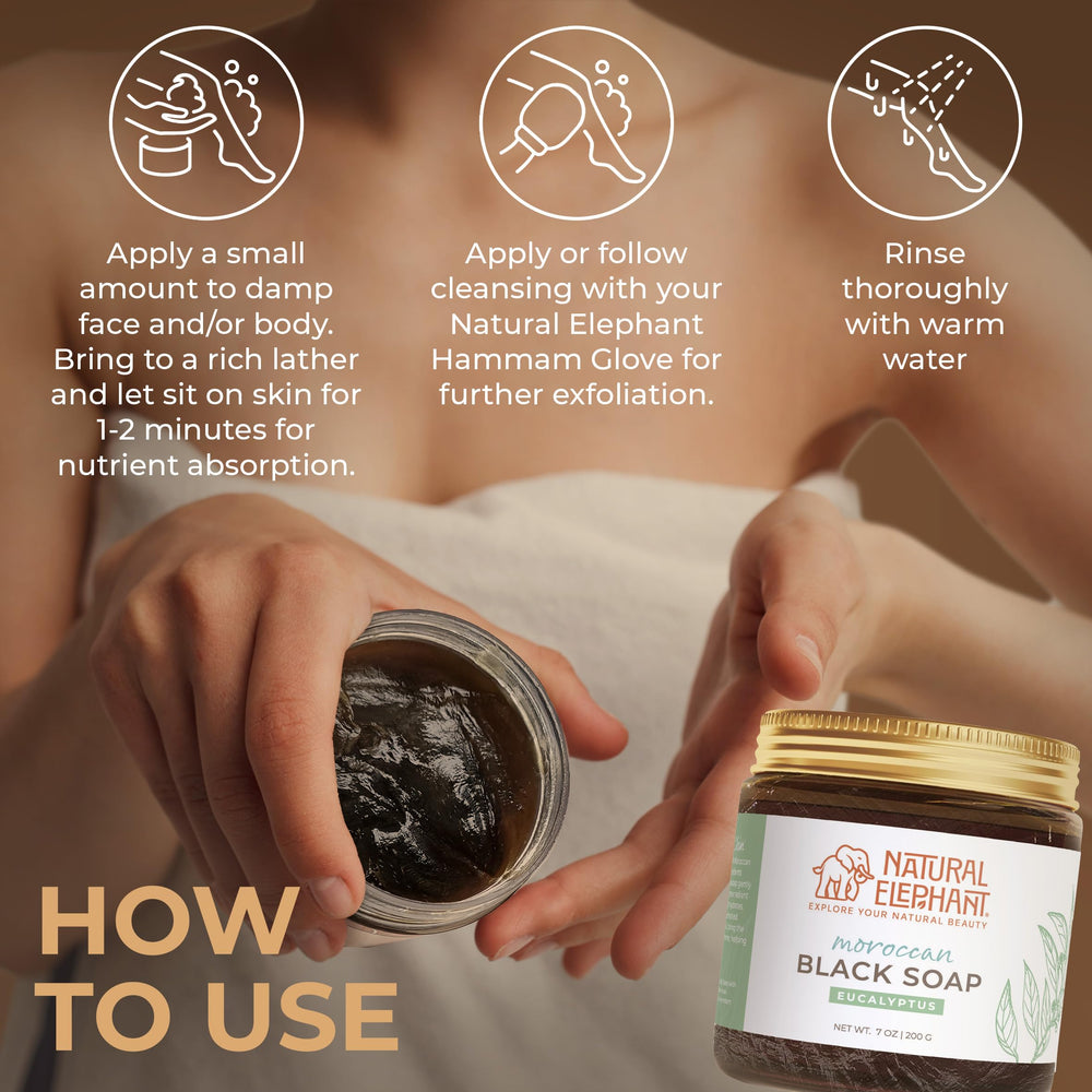 Natural Elephant Hammam glove with soap enhances exfoliation for spa-like at-home ritual.