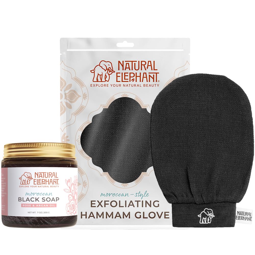 Natural Elephant Moroccan Black Soap and Hammam Glove combo for spa-like exfoliation at home.