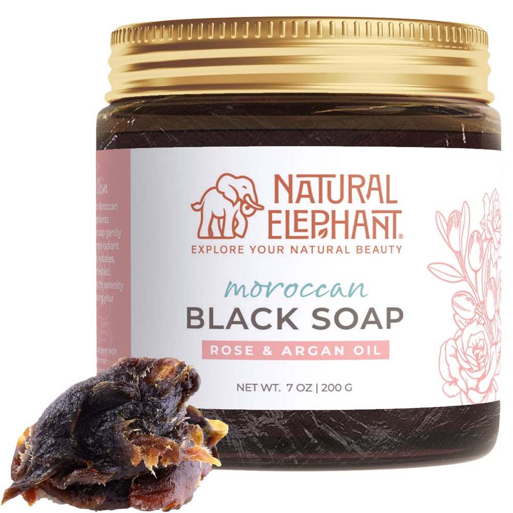 Natural Elephant Moroccan Black Soap packaging showcases authentic beldi cleansing ritual at home.