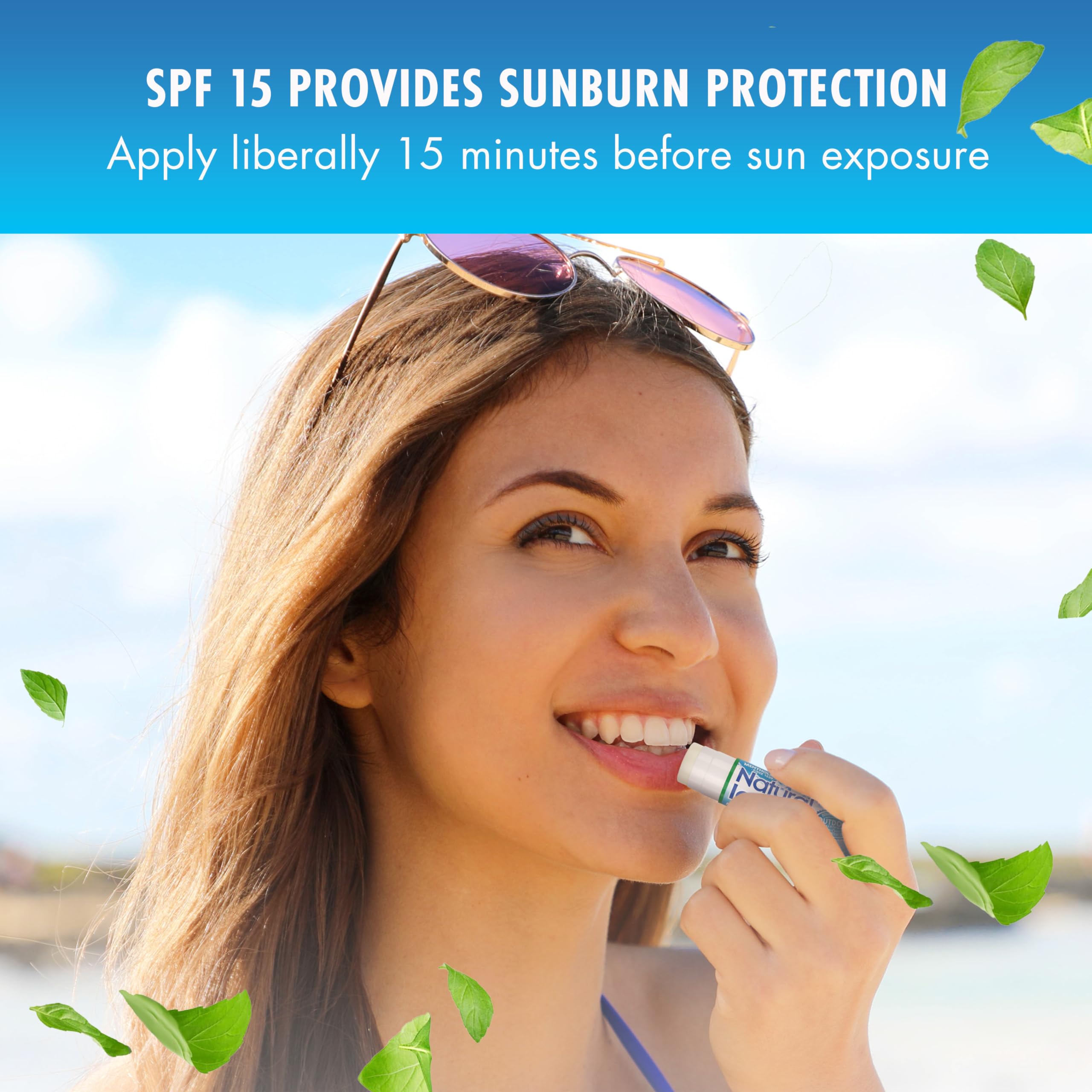 Natural Ice lip balm with SPF 15 offers day-long lip care during sun exposure
