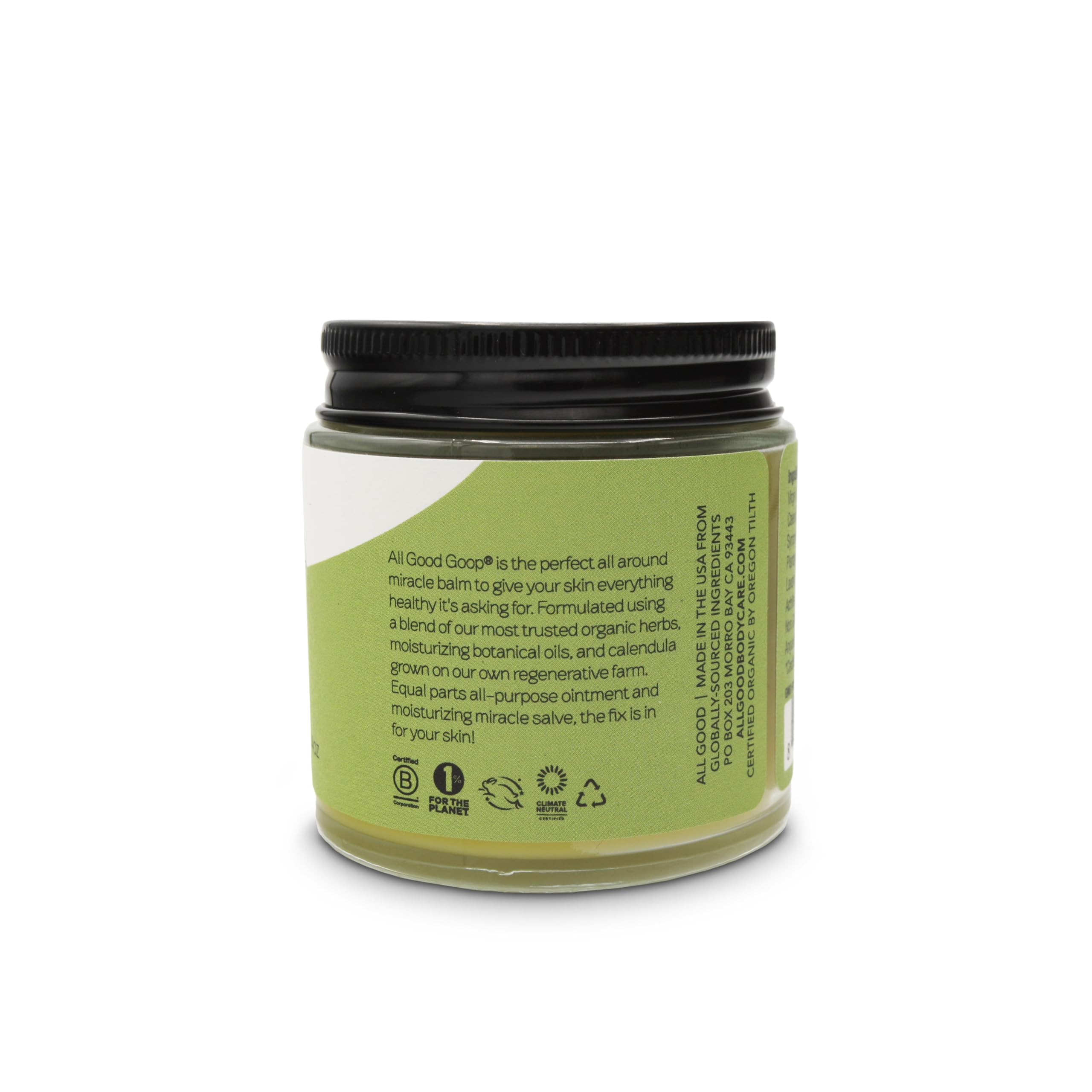 All Good Goop natural ingredients cruelty-free label on packaging.