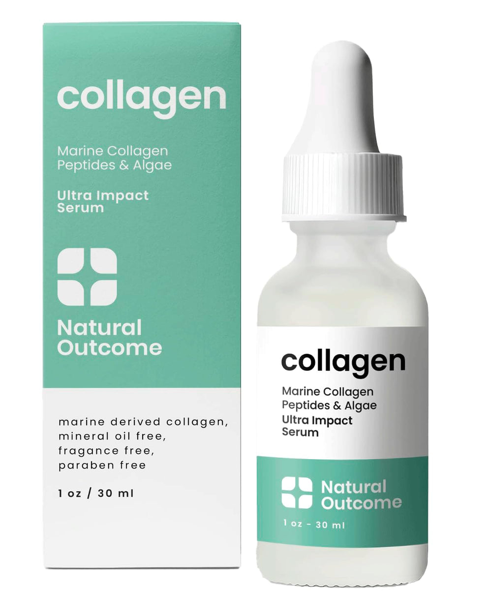 Natural Outcome collagen peptide serum bottle shows lightweight hydration for daily firming.