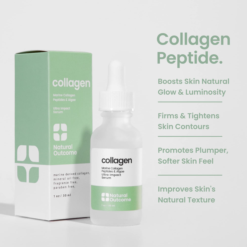 Natural Outcome collagen peptide serum dropper application highlights quick absorption.