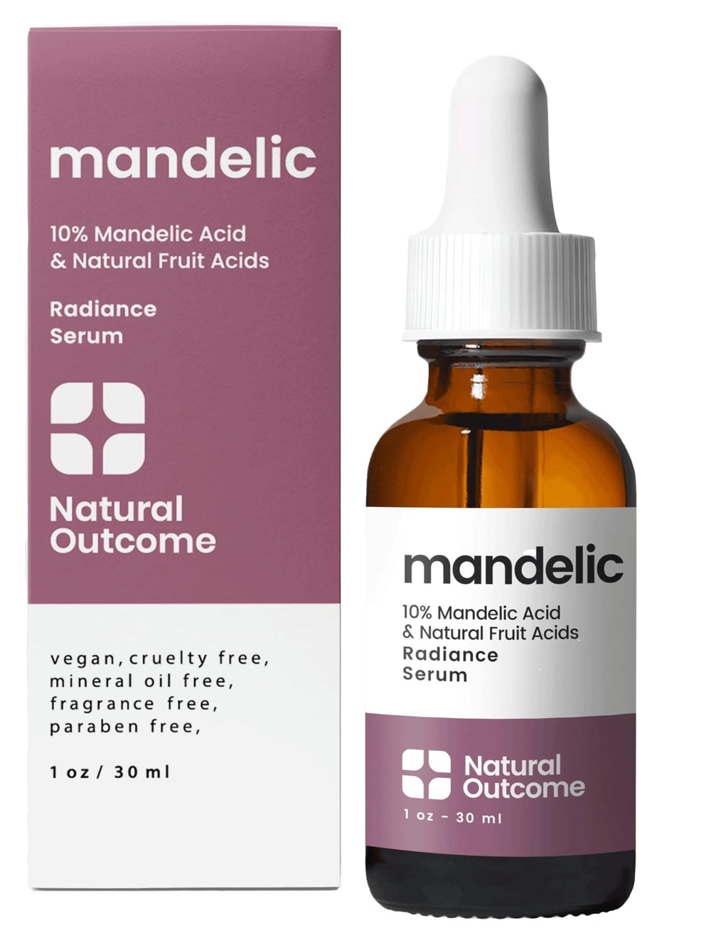 Natural Outcome Mandelic Acid Serum bottle highlights premium packaging for radiant, even-toned skin.
