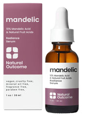 Natural Outcome Mandelic Acid Serum bottle highlights premium packaging for radiant, even-toned skin.