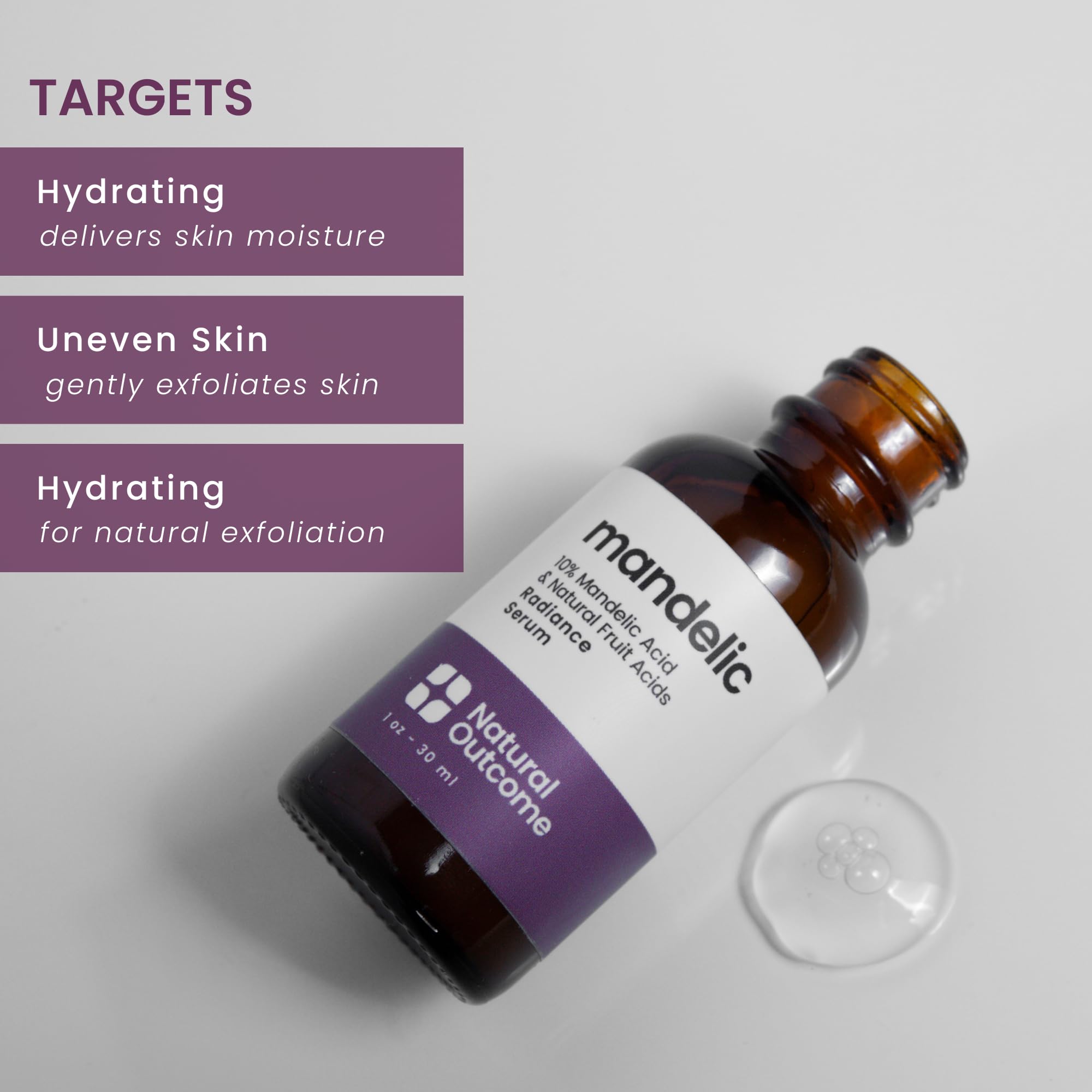 Natural Outcome Mandelic Acid Serum texture close-up shows smooth skin refinement.