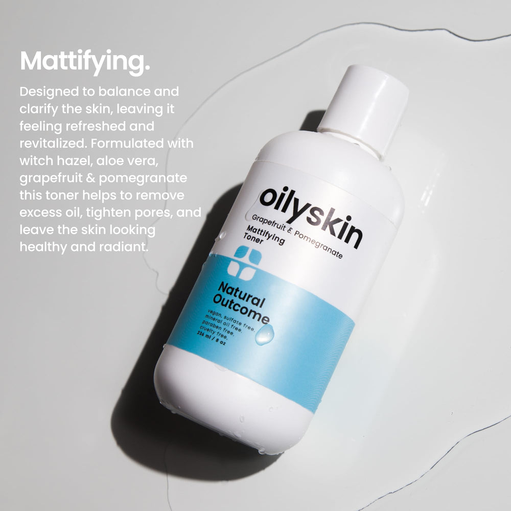 Natural Outcome Oily Skin Toner bottle highlights Witch Hazel and Grapefruit