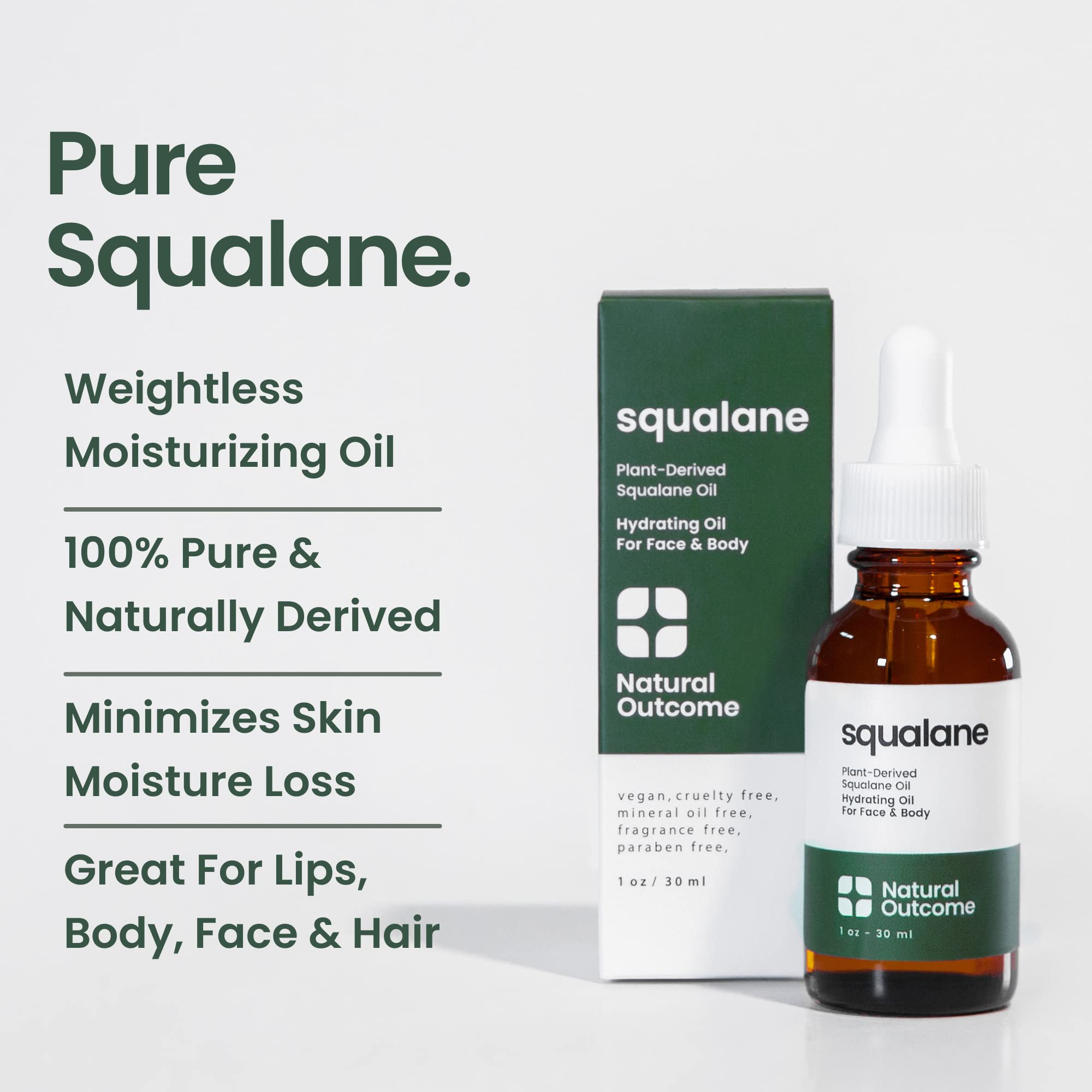 Natural Outcome Pure Squalane Oil dropper demonstrates precise daily use for face and body