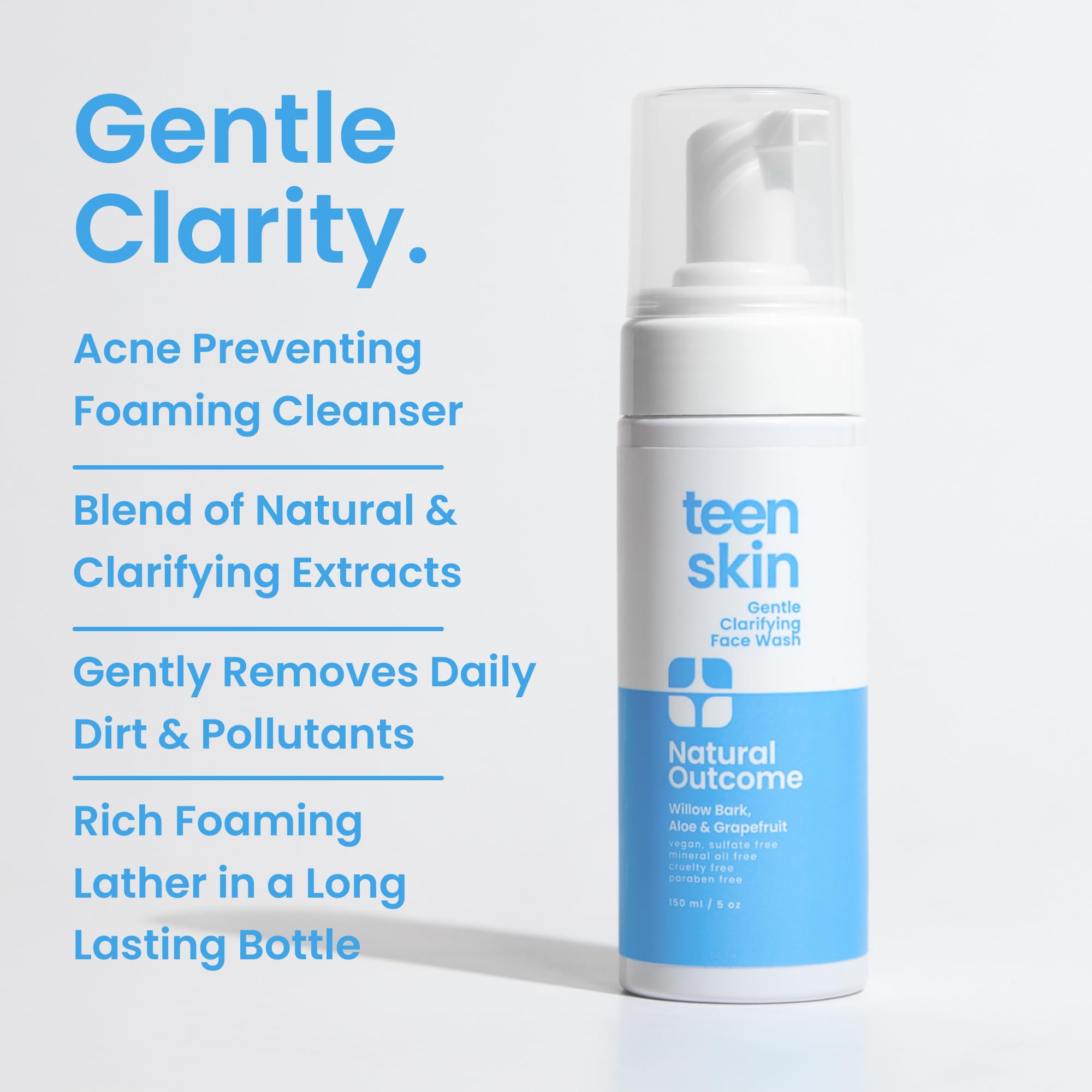 Natural Outcome Teen Skin Face Wash foam close-up shows light, daily cleansing lather.