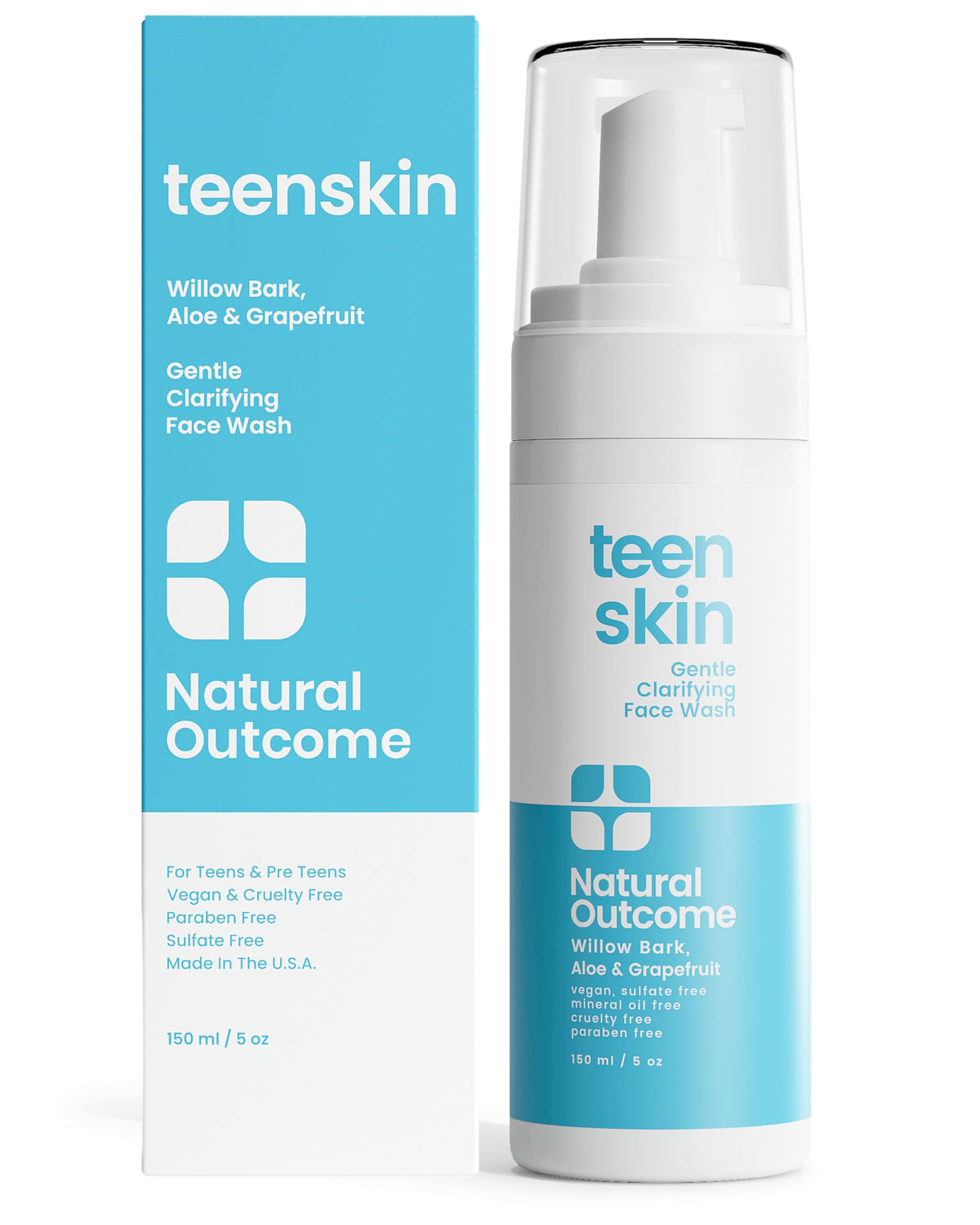 Natural Outcome Teen Skin Face Wash packshot highlights gentle, oil-free cleansing for teen skin.