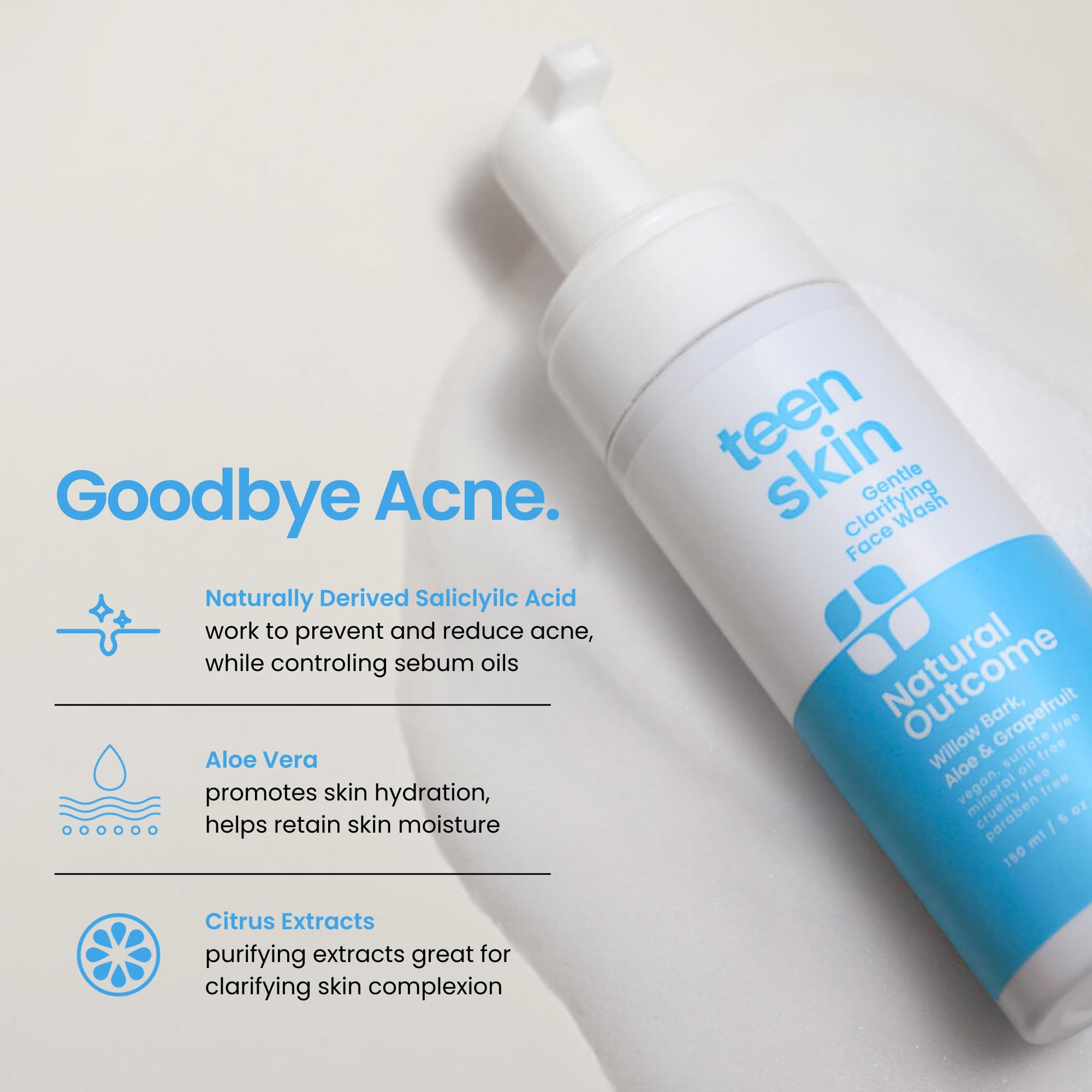Natural Outcome Teen Skin Face Wash placed in teen-care routine shot for simple cleansing.