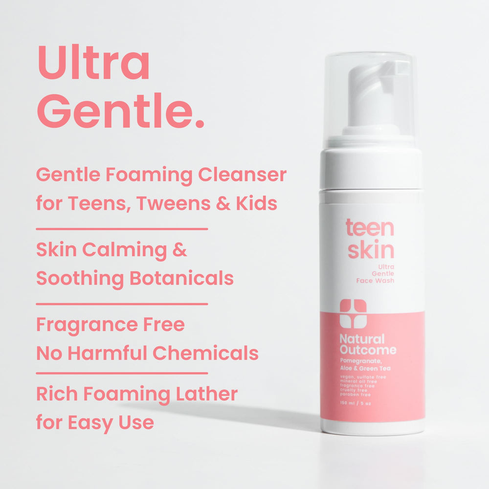 Natural Outcome Teen Skin Ultra Gentle Foaming Lather shows easy application and rinse-off.