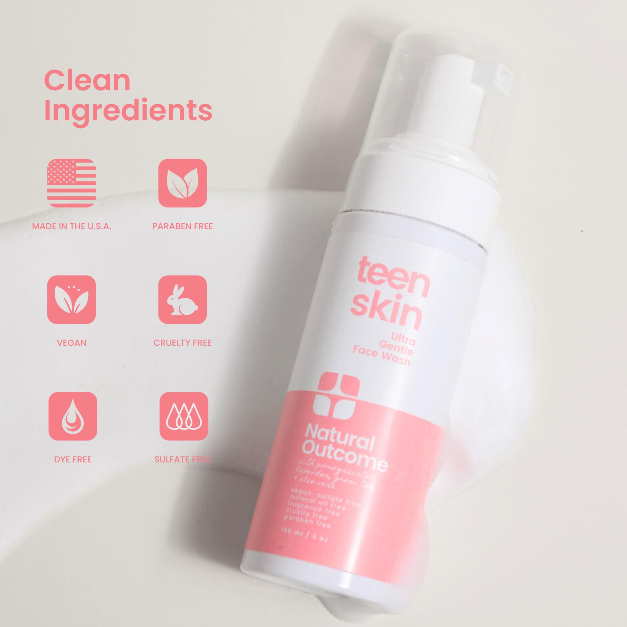 Natural Outcome Teen Skin Ultra Gentle Green Tea Pomegranate highlights natural cleansing ingredients for refreshed skin.