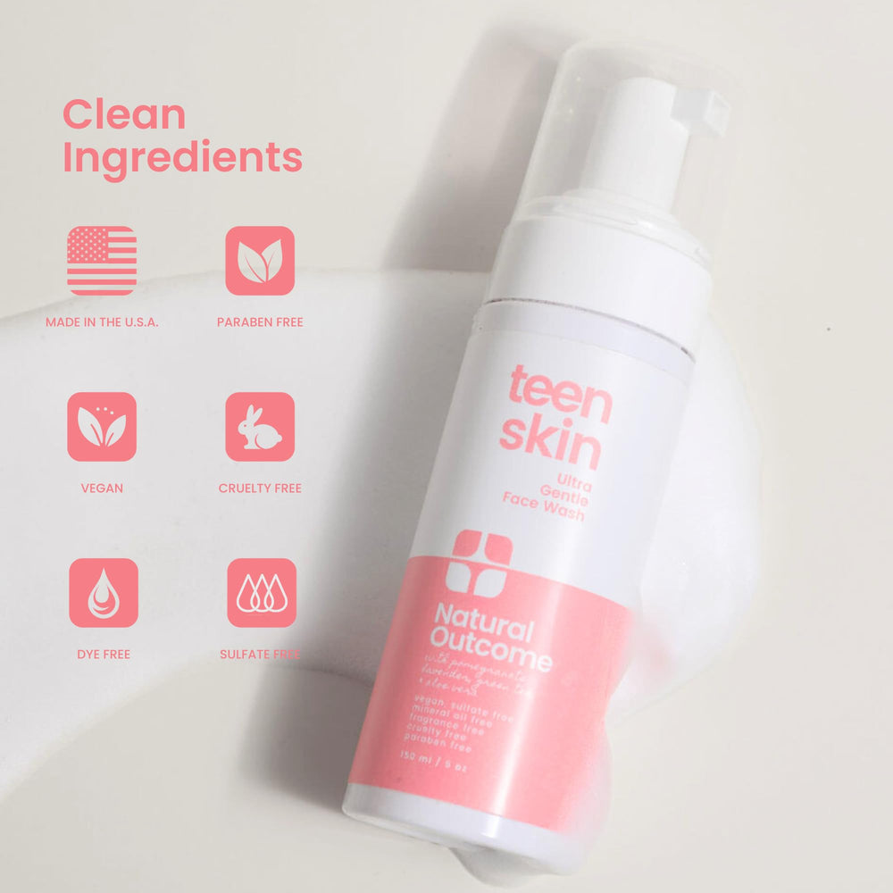 Natural Outcome Teen Skin Ultra Gentle Green Tea Pomegranate highlights natural cleansing ingredients for refreshed skin.