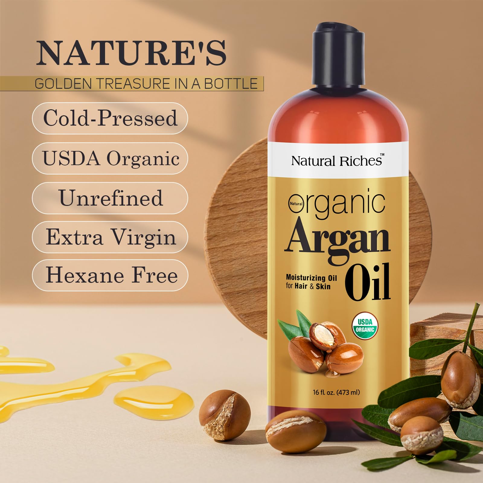 Natural Riches Argan Oil dropper image focusing on precise, mess-free usage.