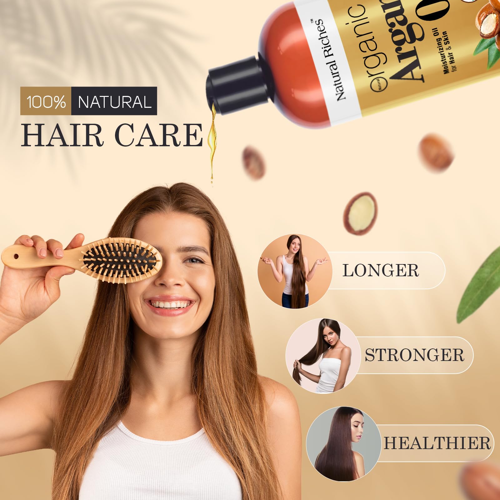 Natural Riches Argan Oil hair-application closeup for nourished, smoother hair.