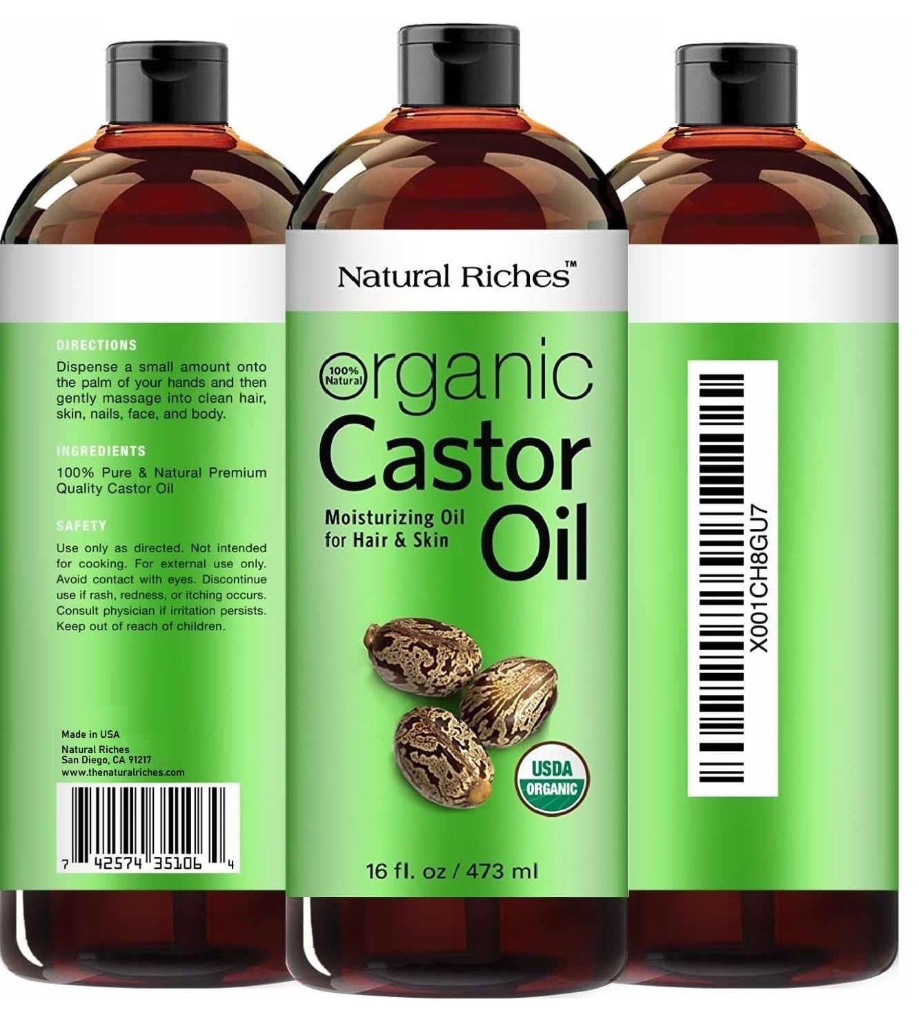 Close-up of Natural Riches Castor Oil bottle cap highlighting hexane-free quality.