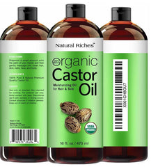 Close-up of Natural Riches Castor Oil bottle cap highlighting hexane-free quality.