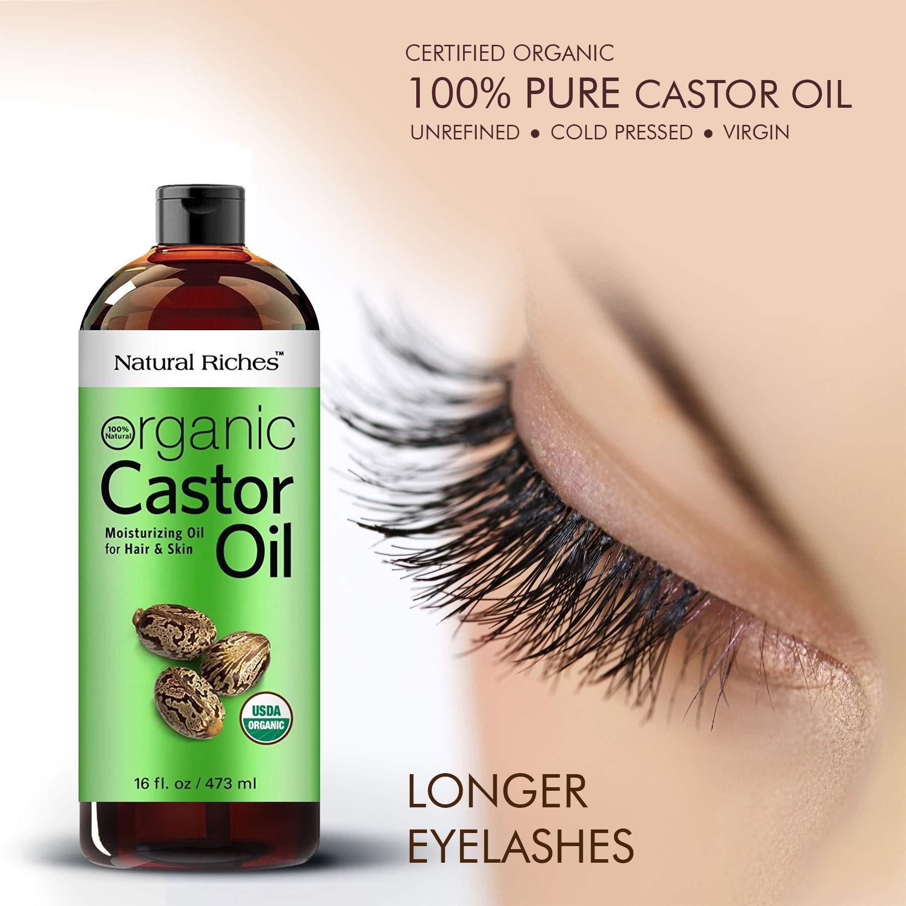 Natural Riches Castor Oil on eyelashes and brows for conditioning during routine.