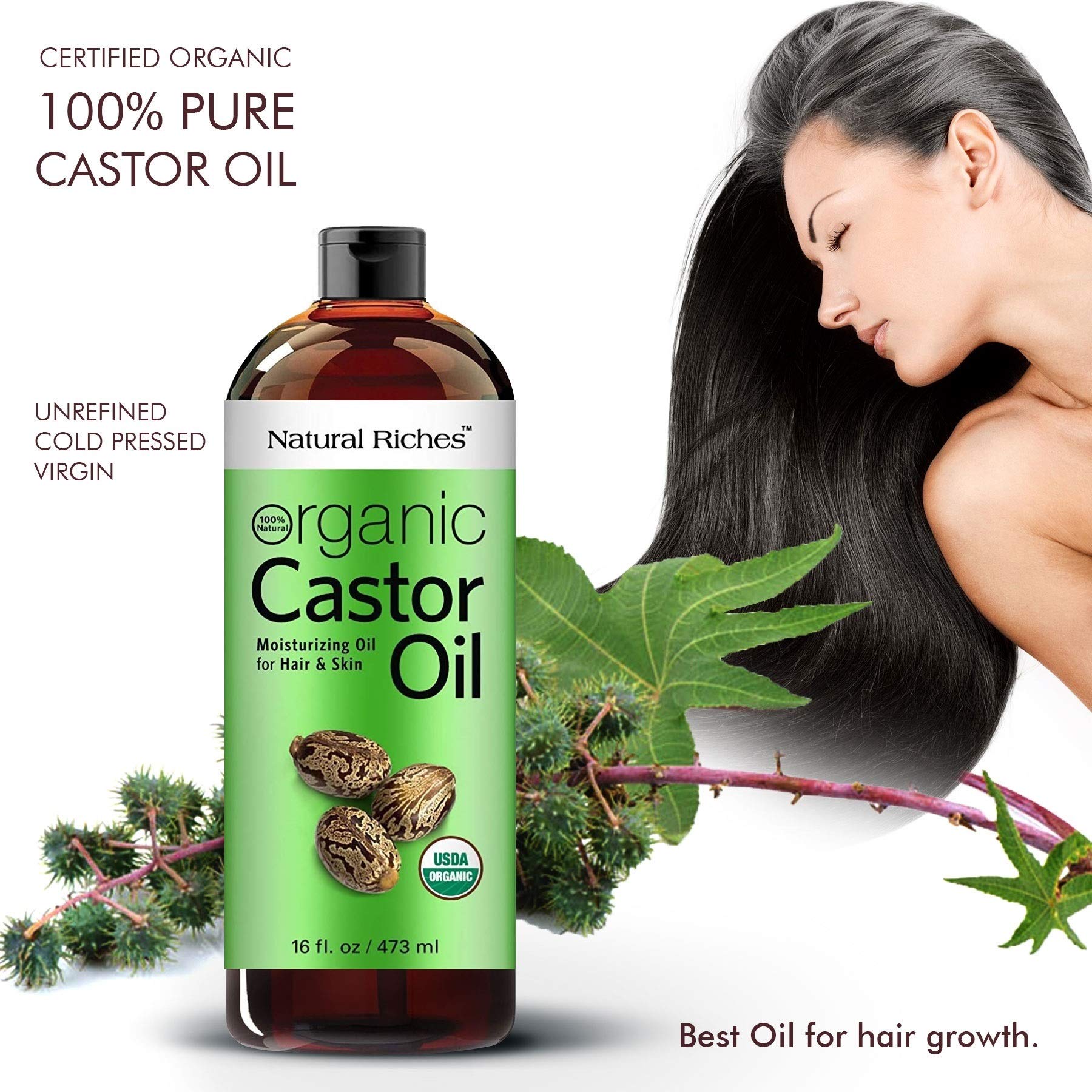 Natural Riches Castor Oil label close-up showing USDA Organic certification.
