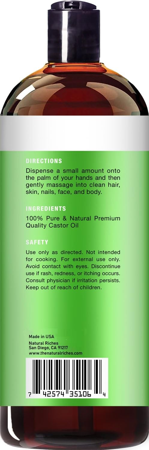 Natural Riches Castor Oil packaging in an amber bottle for sustainable routine.