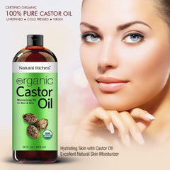 Natural Riches Castor Oil being dispensed for easy scalp or lash care.
