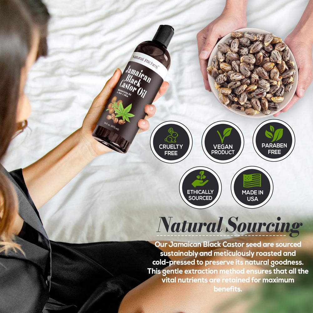 Natural Riches Jamaican Black Castor Oil amber glass bottle emphasizes organic cold-pressed oil for daily skincare and hair care.