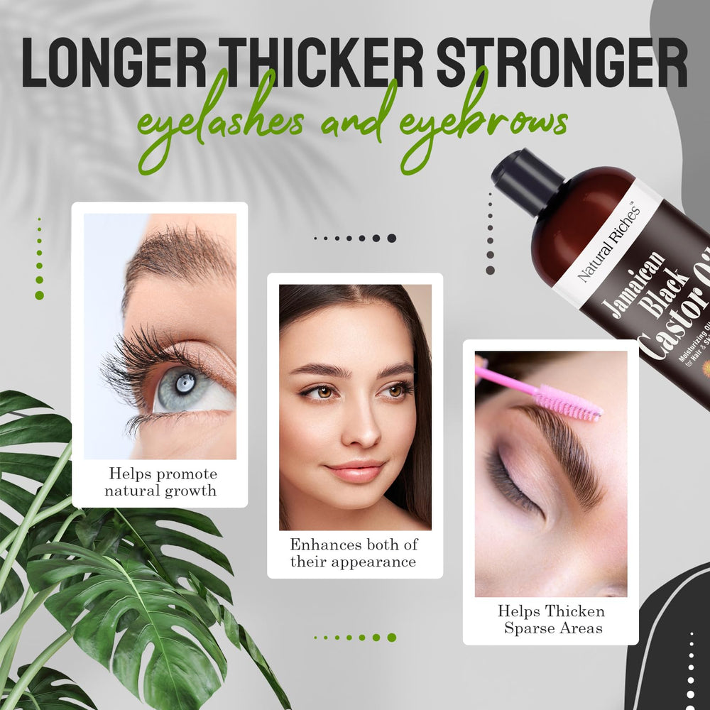 Natural Riches Jamaican Black Castor Oil bottle closeup label highlights pure oil for skin and lash nourishment.