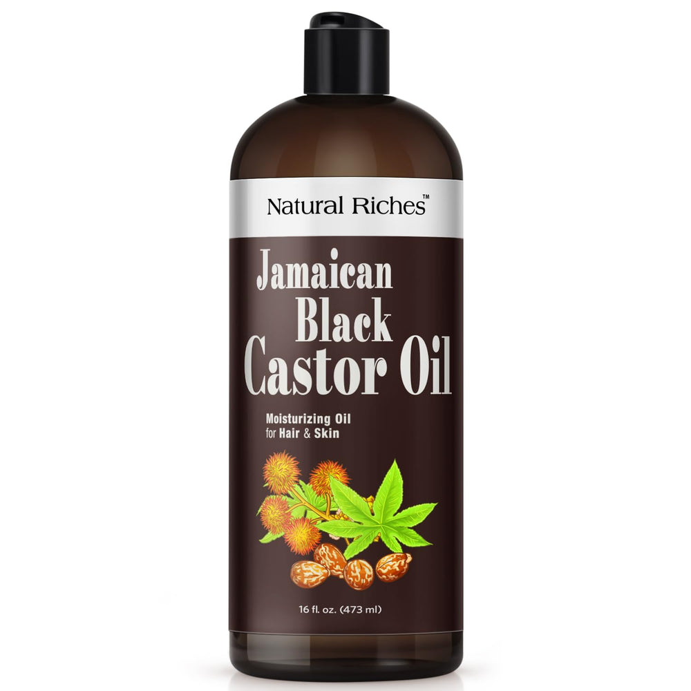 Natural Riches Jamaican Black Castor Oil bottle pour demonstrates easy at-home hair conditioning.