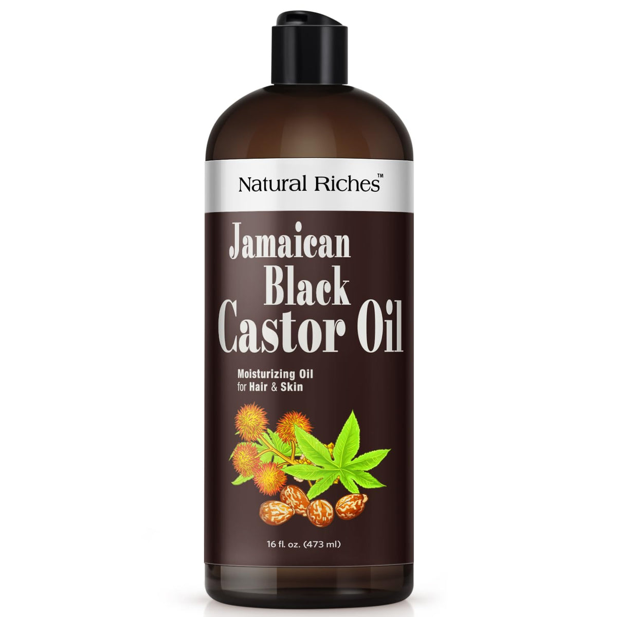 Natural Riches Jamaican Black Castor Oil bottle pour demonstrates easy at-home hair conditioning.